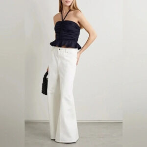 Veronica Beard Arienne Ruched Stretch-cotton Poplin Halterneck Top B2884